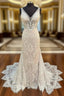Glamorous Beige Lace V Neck Backless Mermaid Long Wedding Dresses Sexy