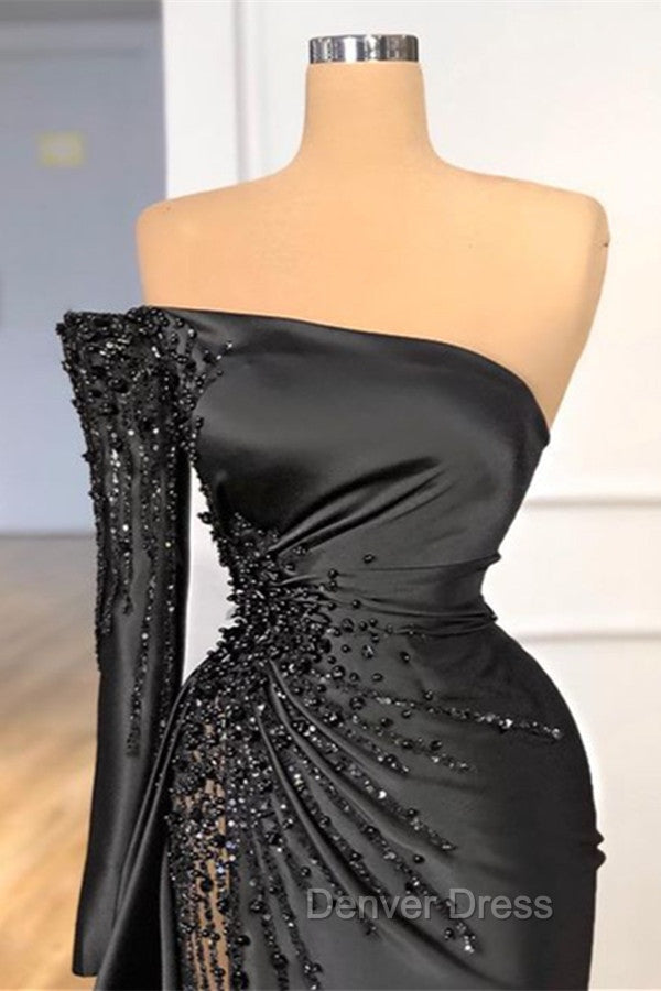 Glamorous Black Long Sleeve One Shoulder Prom Dresses Beadings Evening Gowns Secondary image