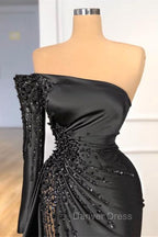 Glamorous Black Long Sleeve One Shoulder Prom Dresses Beadings Prom Gown