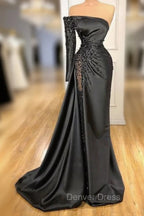 Glamorous Black Long Sleeve One Shoulder Prom Dresses Beadings Prom Gown