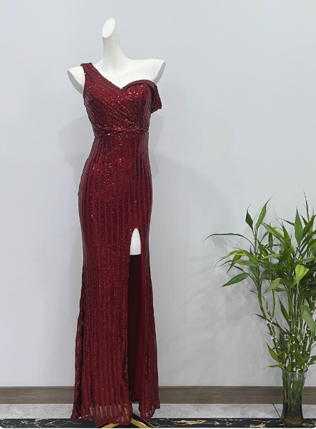 Glamorous Burgundy Slim-Fit One-Shoulder Slit Sequin Long Prom Dresses Evening Dresses Secondary image