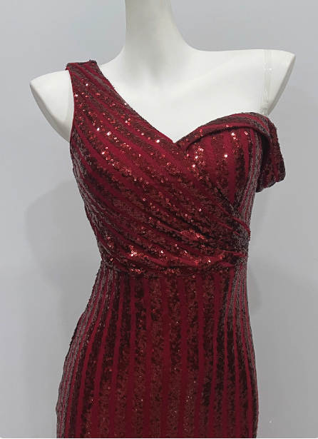 Glamorous Burgundy Slim-Fit One-Shoulder Slit Sequin Long Prom Dresses Evening Dresses