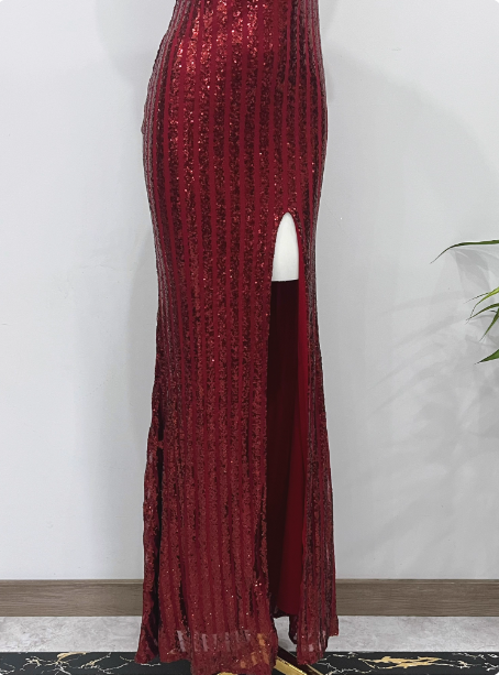 Glamorous Burgundy Slim-Fit One-Shoulder Slit Sequin Long Prom Dresses Evening Dresses