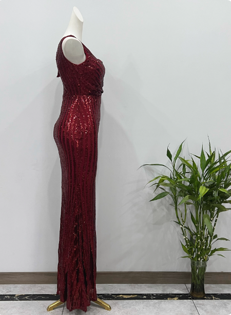 Glamorous Burgundy Slim-Fit One-Shoulder Slit Sequin Long Prom Dresses Evening Dresses