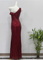 Glamorous Burgundy Slim-Fit One-Shoulder Slit Sequin Long Prom Dresses Evening Dresses