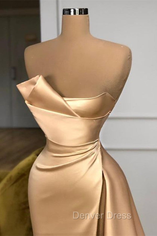 Glamorous Champagne Starpless Long Prom Dresses With Split Online Secondary image