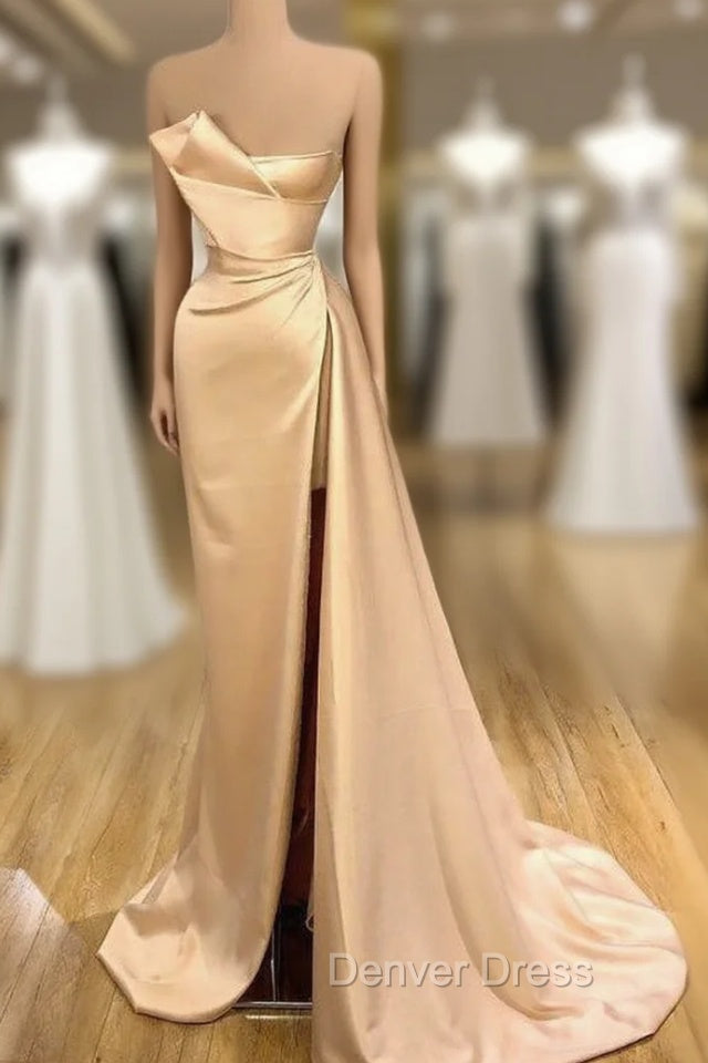 Glamorous Champagne Starpless Long Prom Dresses With Split Online Main image