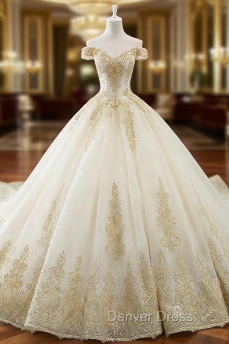 Glamorous Champagne Tulle Lace Appliques Off The Shoulder Wedding Dresses Main image