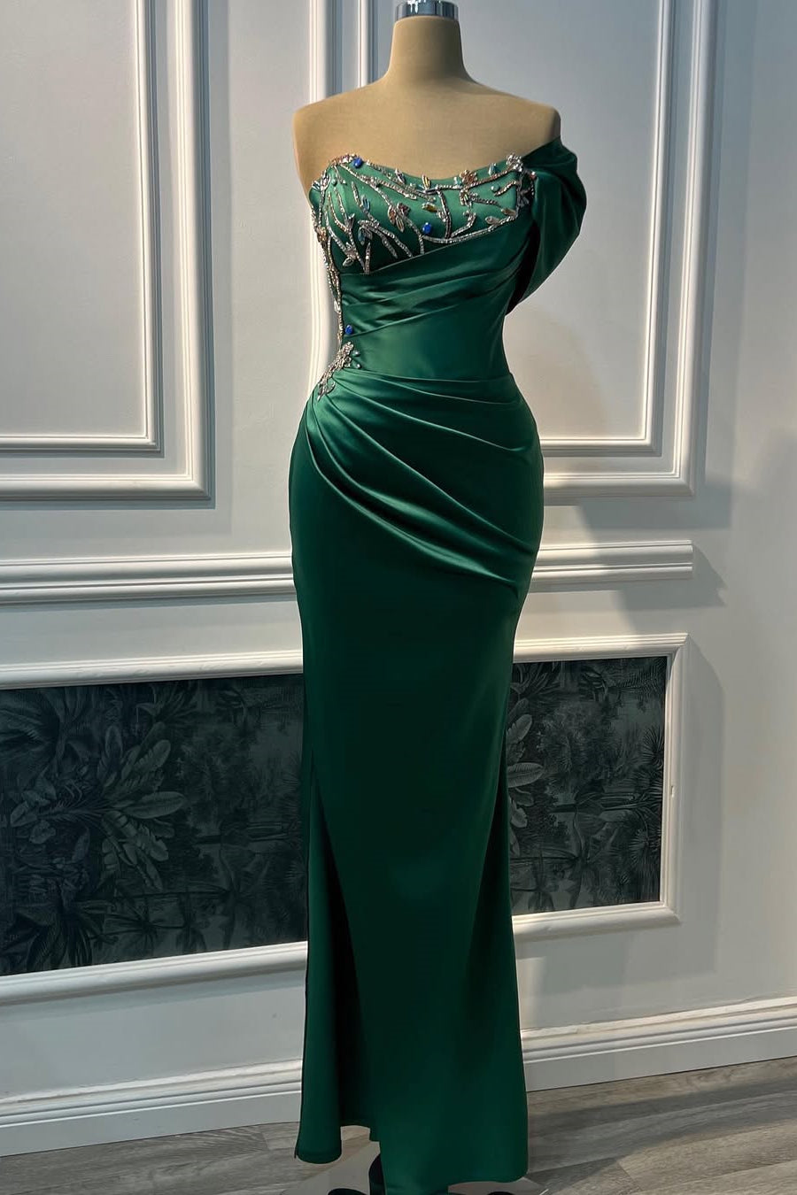 Glamorous Dark Green One Shoulder Satin Prom Dresses Mermaid Sheath With Gem Main image