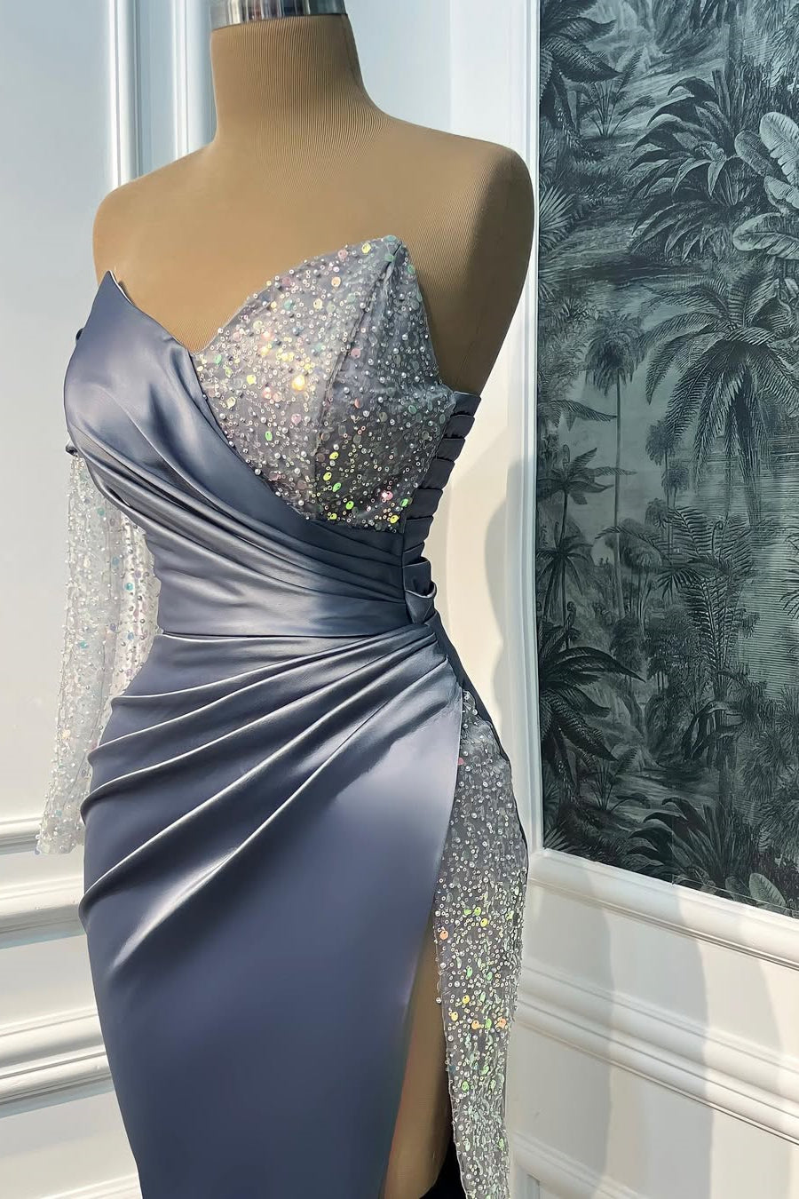 Glamorous Dusty Blue V-Neck One Shoulder Long Sleeves Satin Sequins Prom Dresses Mermaid With High Split Secondary image