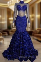 Glamorous High Neck Long Sleeves Prom Dresses Mermaid Flowers Bottom With Beads