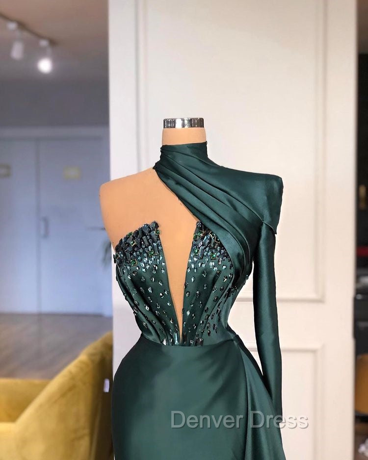 Glamorous High Neck One Shoulder Long Sleeve Mermaid Prom Gown With Crystals Secondary image