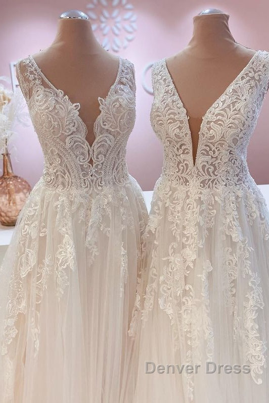 Glamorous Long A-Line Open Back Tulle Appliques Lace Wedding Dresses