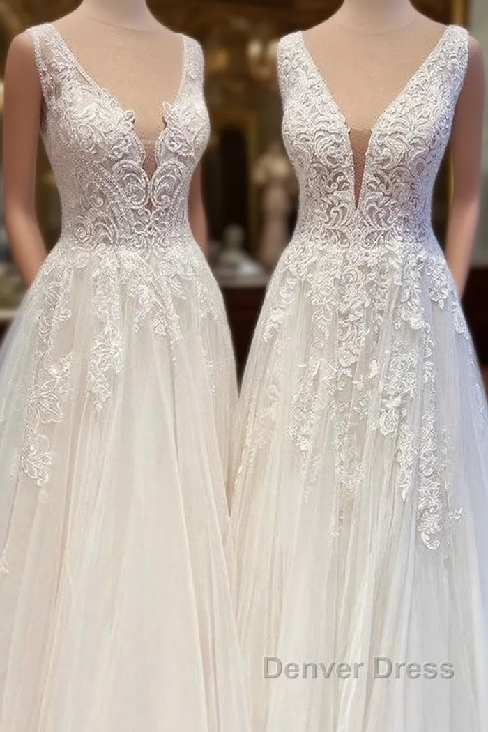 Glamorous Long A Line Open Back Tulle Appliques Lace Wedding Dresses Main image