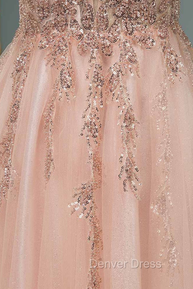 Glamorous Long A Line Sequins V Neck Open Back Prom Dresses