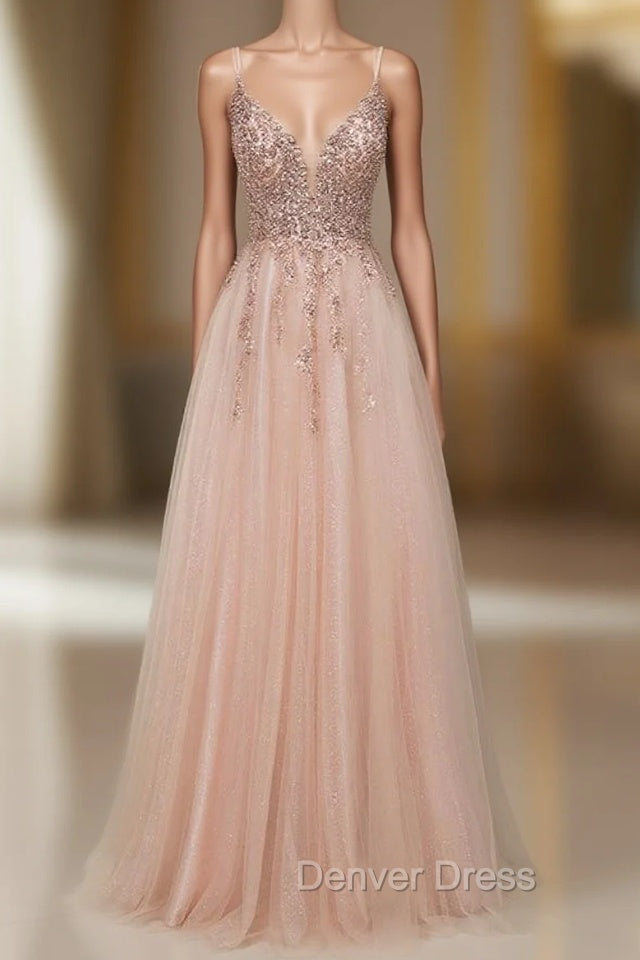 Glamorous Long A Line Sequins V Neck Open Back Prom Dresses
