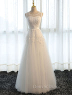 Glamorous Long Evening Dresses Lace Cameo Pink Party Dresses A Line Applique Tulle Maxi Formal Dresses