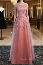 Glamorous Long Evening Dresses Lace Cameo Pink Party Dresses A Line Applique Tulle Maxi Formal Dresses