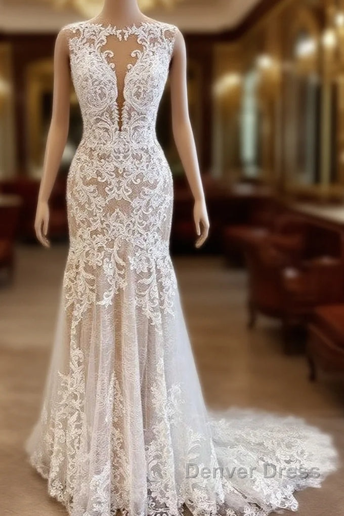 Glamorous Long Mermaid Bateau Appliques Lace Tulle Wedding Dresses Main image
