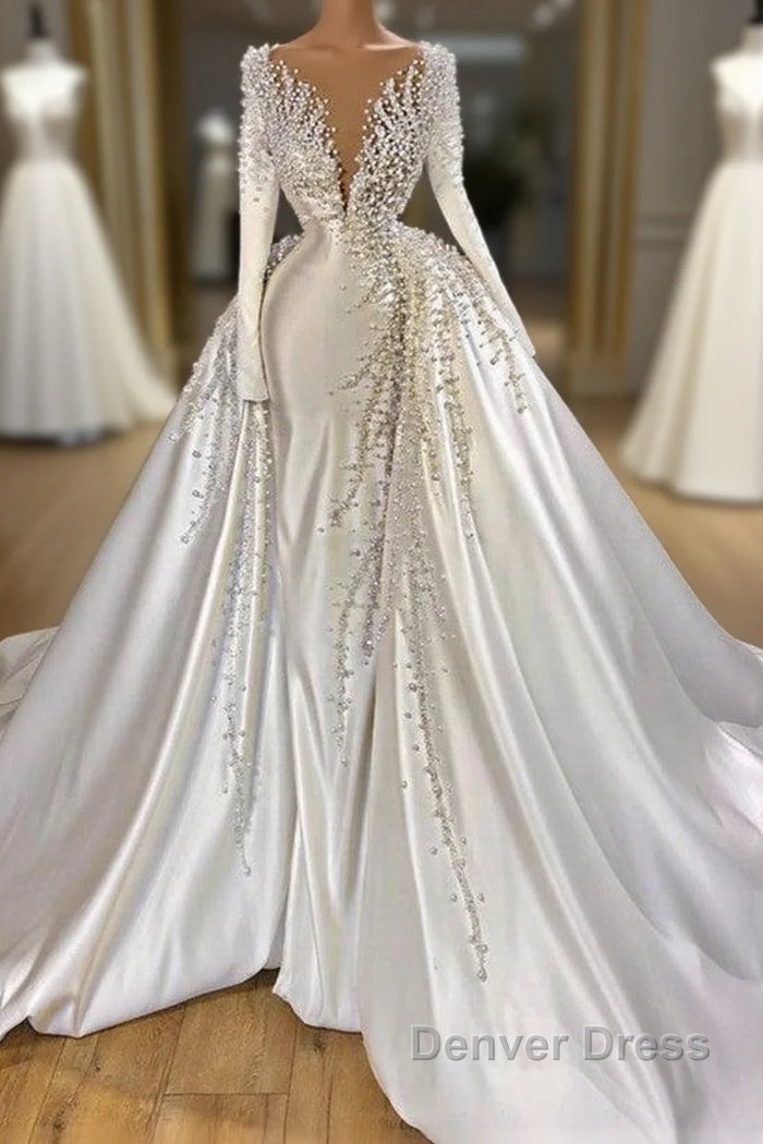 Glamorous Long Sleeve Pearls Wedding Dresses V-Neck With Detachable Train Online Main image