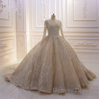 Glamorous Long Sleeve V-neck Sequin Beading Ball Gown Wedding Dresses