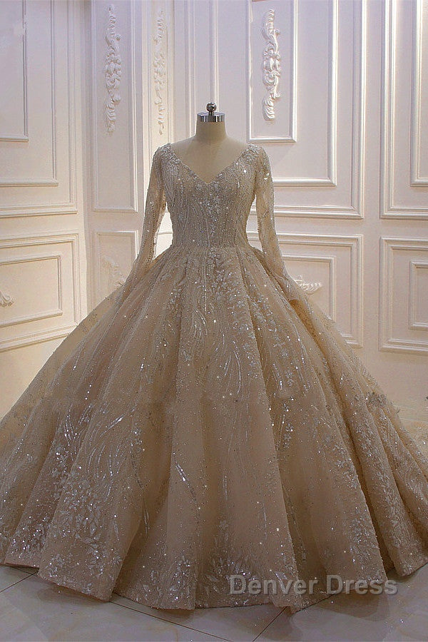 Glamorous Long Sleeve V Neck Sequin Beading Ball Gowns Wedding Dresses