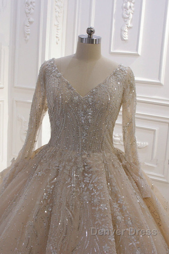 Glamorous Long Sleeve V-neck Sequin Beading Ball Gown Wedding Dresses