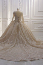 Glamorous Long Sleeve V Neck Sequin Beading Ball Gowns Wedding Dresses