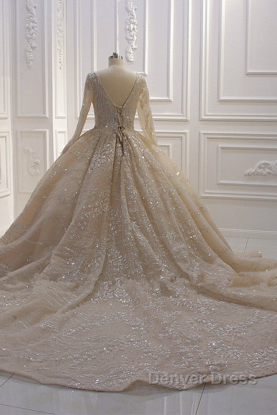 Glamorous Long Sleeve V Neck Sequin Beading Ball Gowns Wedding Dresses
