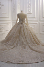 Glamorous Long Sleeve V-neck Sequin Beading Ball Gown Wedding Dresses