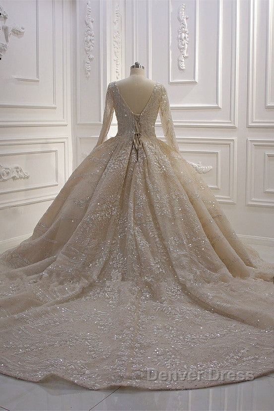 Glamorous Long Sleeve V Neck Sequin Beading Ball Gowns Wedding Dresses