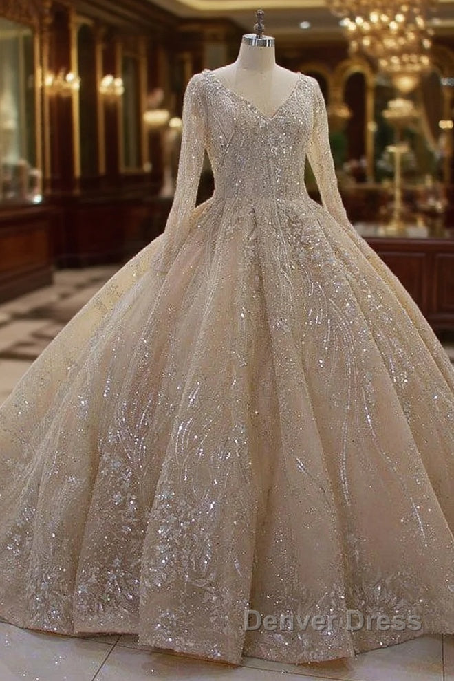 Glamorous Long Sleeve V-neck Sequin Beading Ball Gown Wedding Dresses Main image