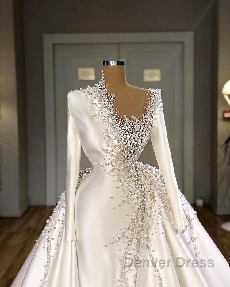 Glamorous Long Sleeves Pearls Wedding Dresses Mermaid With Detachable Train Secondary image