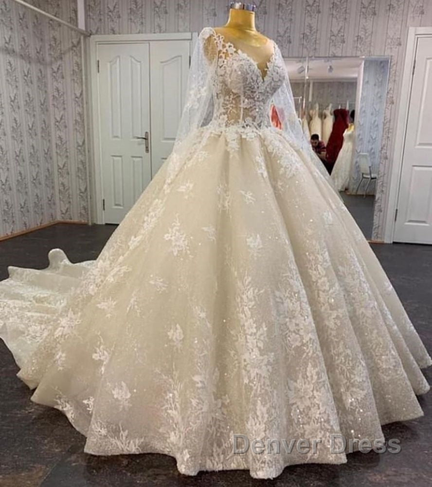 Glamorous Long Sleevess Lace A Line Bridal Gowns Pirncess Wedding Dresses