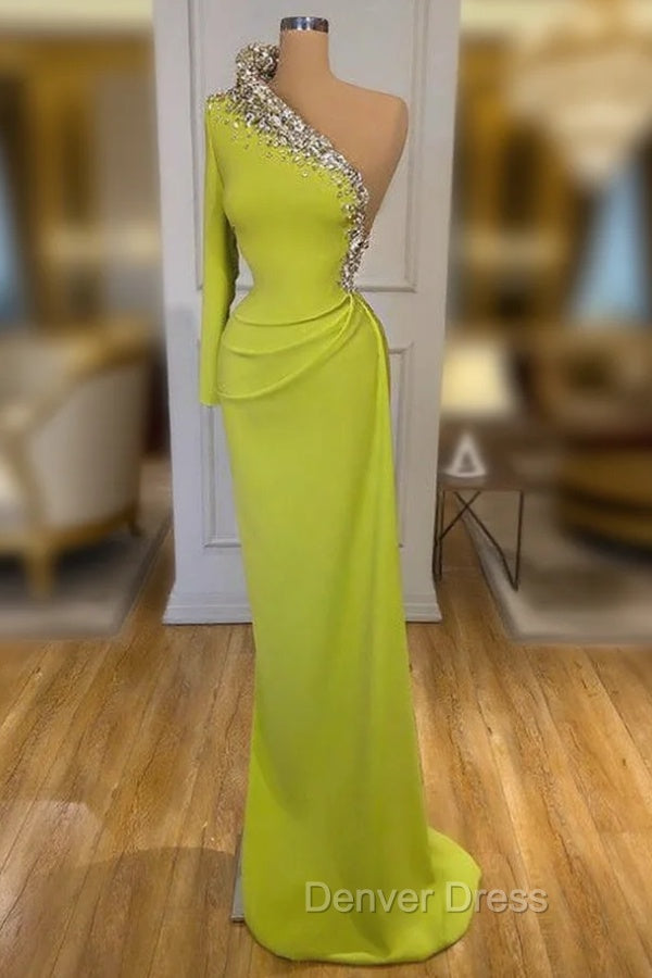 Glamorous One Shoulder Long Sleeves Mermaid Evening Dresses With Beads Main image