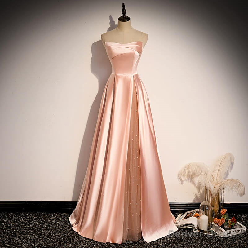 Glamorous Strapless Pink Satin Long Party Dress Formal Prom Dresses Main image