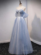 Glitter A Line Princess Off Shoulder Tulle Gray Blue Long Prom Dress Sparkly Prom Dresses