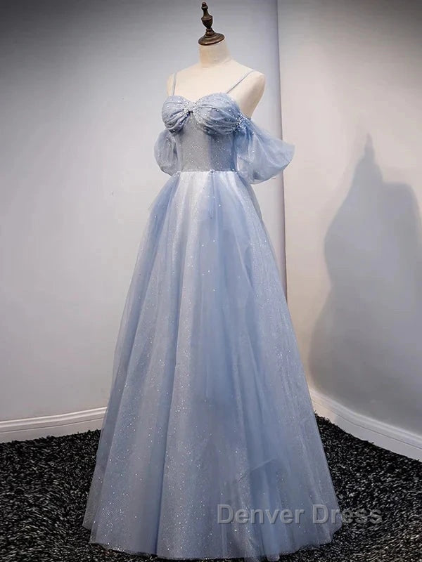 Glitter A Line Princess Off Shoulder Tulle Gray Blue Long Prom Dress Sparkly Prom Dresses