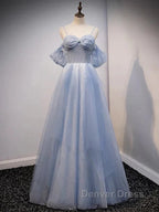 Glitter A Line Princess Off Shoulder Tulle Gray Blue Long Prom Dress Sparkly Prom Dresses