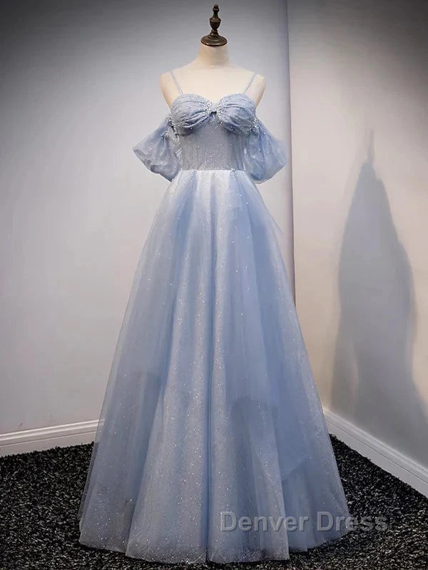 Glitter A Line Princess Off Shoulder Tulle Gray Blue Long Prom Dress Sparkly Prom Dresses