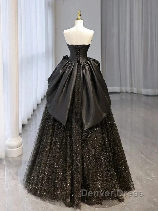 Glitter A-Line Sweetheart Neck Tulle Satin Ballgown Black Long Prom Dresses Sparkly Evening Dresses Secondary image