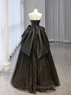 Glitter A-Line Sweetheart Neck Tulle Satin Ballgown Black Long Prom Dresses Sparkly Evening Dresses