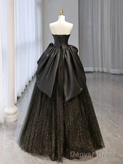 Glitter A-Line Sweetheart Neck Tulle Satin Ballgown Black Long Prom Dress Sparkly Evening Dress