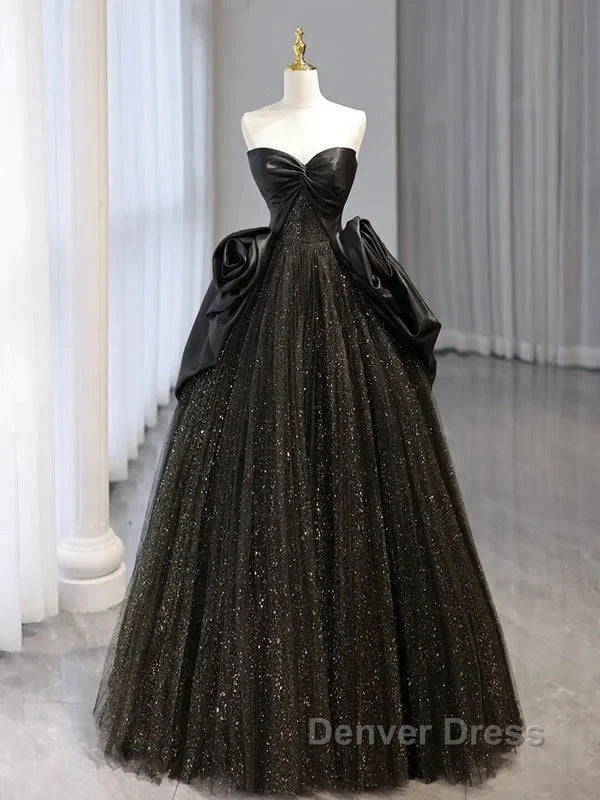 Glitter A-Line Sweetheart Neck Tulle Satin Ballgown Black Long Prom Dresses Sparkly Evening Dresses