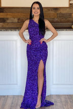 Glitter Black Sequins Long Prom Dresses with Slit