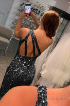 Glitter Black Sequins Long Prom Dresses with Slit