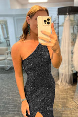 glitter black sequins long prom dress with slit