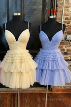 Glitter Black Tiered Spaghetti Straps Short Homecoming Dresses