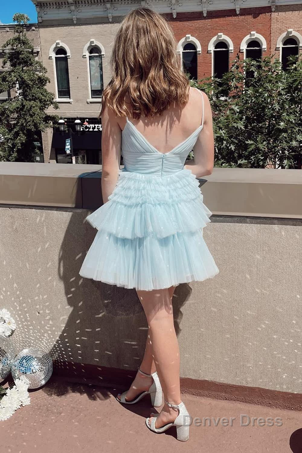 Glitter Black Tiered Spaghetti Straps Short Homecoming Dresses