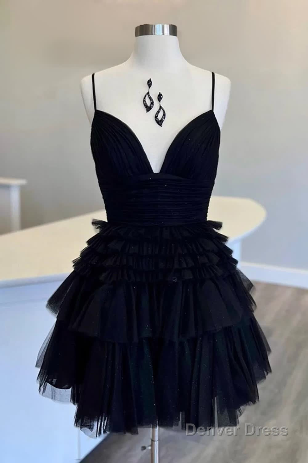Glitter Black Tiered Spaghetti Straps Short Homecoming Dresses